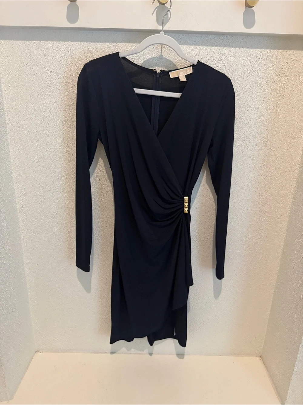 Michael Kors Black Long-Sleeve Mini Wrap Dress with Gold Accent